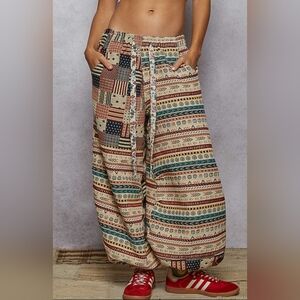 POL Boho Patchwork Wide Leg Pants in Cream, Red, Navy & Teal